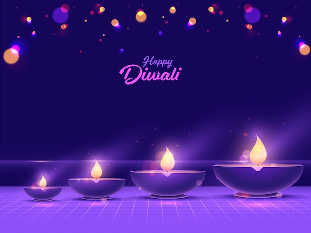 Glückliche diwali-schriftart mit beleuchteten öllampen (diya) auf lila bokeh-hintergrund.