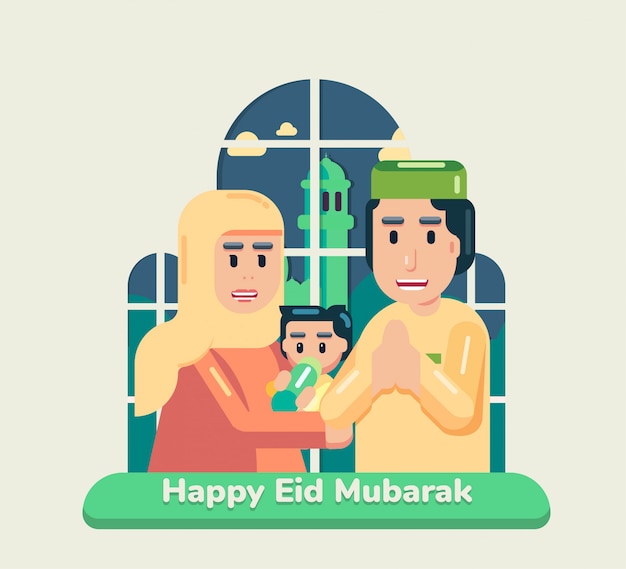 Glückliche eid mubarak idul fitri muslimische feiertagskonzeptfamilie, die vor fenster mit moschee eine begrüßung steht, während zu hause bleiben campain dirumahaja flat full square