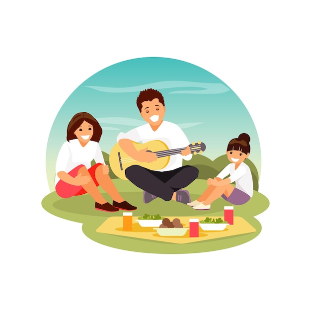 Glückliche Familie beim Picknick im Freien. Papa spielt Gitarre für seine Tochter und seine Frau. Vektor-Illustration