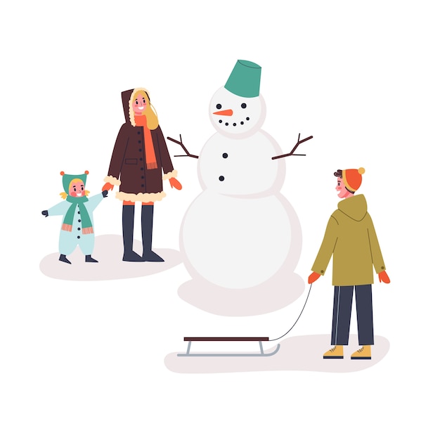 Glückliche familie, die am schneemann auf der straße steht. die leute haben spaß. winteraktivität. illustration im cartoon-stil