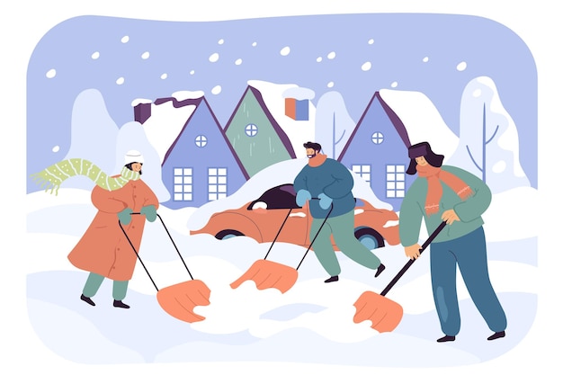 Vektor glückliche familie, die nach dem sturm im hinterhof zusammen schnee säubert. leute mit schaufeln, auto begraben unter schneeflachvektorillustration winter, outdoor-aktivitätskonzept für banner oder landing-webseite