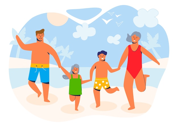 Glückliche familie in den sommerferien, die an einem sandigen ufer zum strand gehen und sich am meer oder am meer ausruhen. eltern und kinder zeichentrickfiguren.