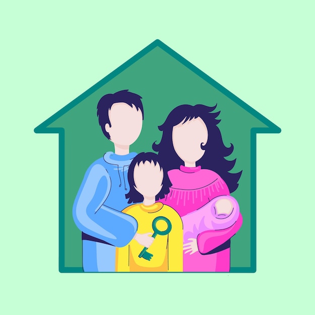 Glückliche Familie mit kleinen Kindern unter dem Dach ihres Hauses Vektordarstellung im flachen Stil Haus und glückliches Familienlogo vectorxDxA