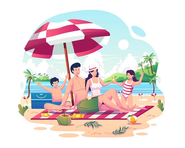 Glückliche familie mit zwei kindern, die sich beim sonnenbaden entspannen und den sommer auf der strandillustration genießen