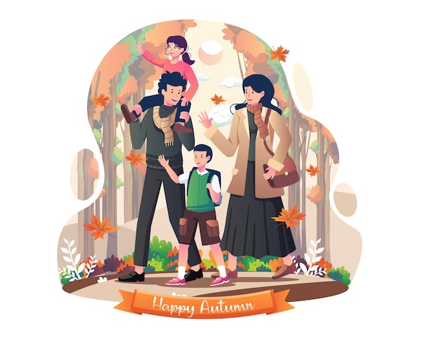 Glückliche familie und kinder gehen draußen im park in der herbstlichen konzeptillustration spazieren