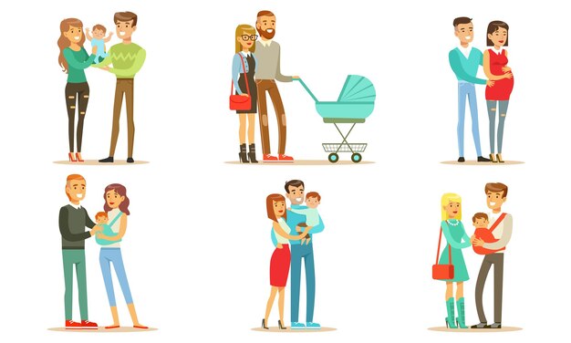 Vektor glückliche familien mit babys set lächelnde mutter vater und kinder familie paar erwartet baby vektor-illustration