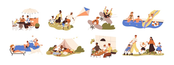 Vektor glückliche familien mit kindern bei freizeitaktivitäten im freien in den sommerferien. eltern und kinder essen, ruhen sich aus und spielen zusammen. flache grafische vektorillustration isoliert auf weiß.