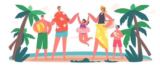 Vektor glückliche familienfiguren am sommerstrand. mutter, vater, tochter und söhne, die hand in hand auf sandy shore spielen am meer. mann, frau und kinder urlaub freizeit. cartoon-menschen-vektor-illustration