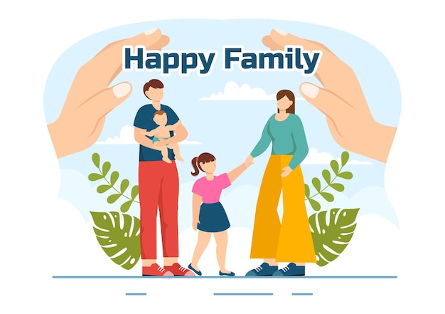 Glückliche Familienvektorillustration mit Mutter, Vater und Kindern Charaktere zur Freude und Liebe Feier in Flat Kids Cartoon Hintergrund