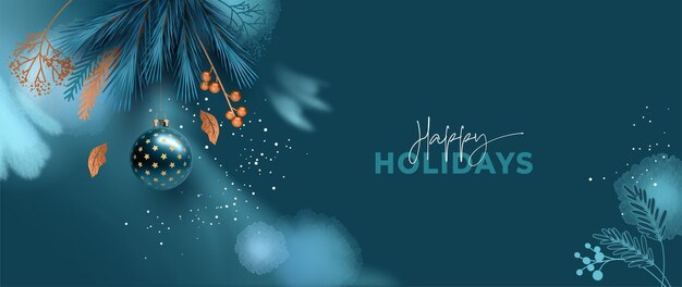 Vektor glückliche feiertage abstraktes banner realistische weihnachtsbälle tannenzweige mit glänzenden foliendekorationen
