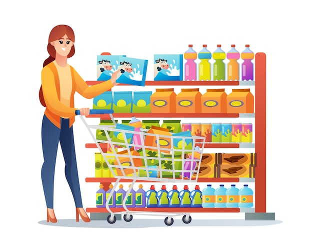 Glückliche Frau, die an der Supermarktkarikaturillustration einkauft