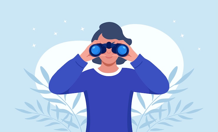 Vektor glückliche frau, die ein riesiges fernglas hält und weit nach vorne schaut. mädchen beobachtet jemanden genau. beobachtung, entdeckung, zukunftskonzept