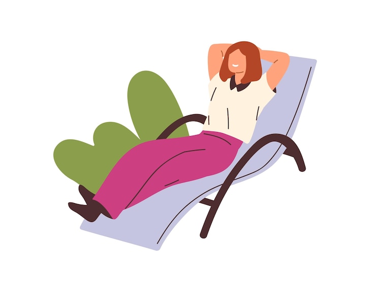 Vektor glückliche frau, die sich entspannt, auf chaiselongue liegt. weibliche angestellte, die in der pause auf einem liegestuhl chillen. entspannung des büroangestellten beim faulenzen, ausruhen. flache vektorillustration lokalisiert auf weißem hintergrund