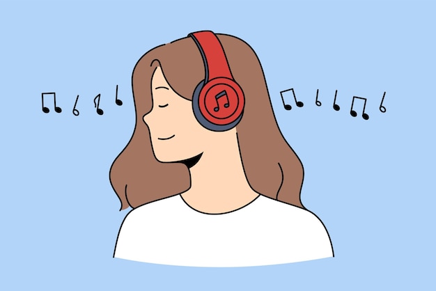 Glückliche Frau hört Musik in drahtlosen Kopfhörern