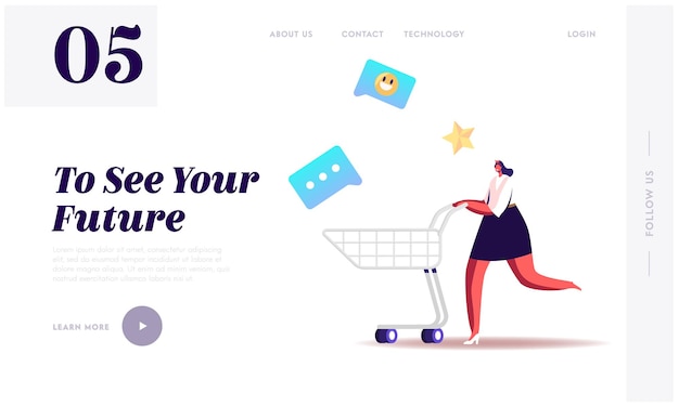 Glückliche frau käufer haben spaß beim einkaufen landing page template.