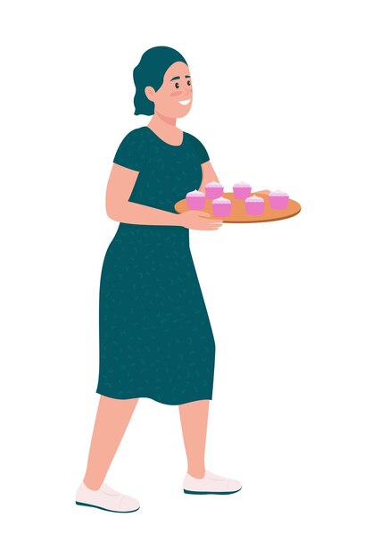 Glückliche frau mit rosa cupcakes halbflacher farbvektorcharakter. ganzkörperperson auf weiß. backen von muffins für party isolierte moderne cartoon-stil illustration für grafikdesign und animation