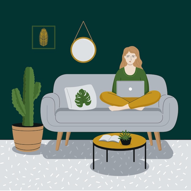 Glückliche frau oder mädchen arbeitet an einem laptop und sitzt auf dem sofa. freiberuflich, konzept zu hause arbeiten. modernes interieur des zimmers. flache artvektorillustration.