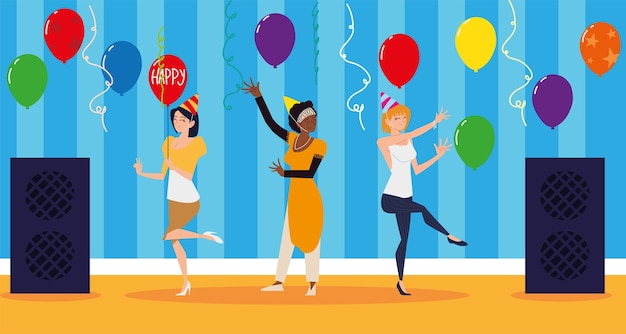 Glückliche frauen tanzen mit musik und luftballons