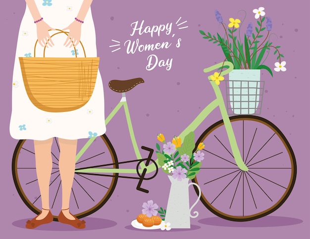 Glückliche frauentag-beschriftungskarte mit frau, die korb und fahrradillustration anhebt