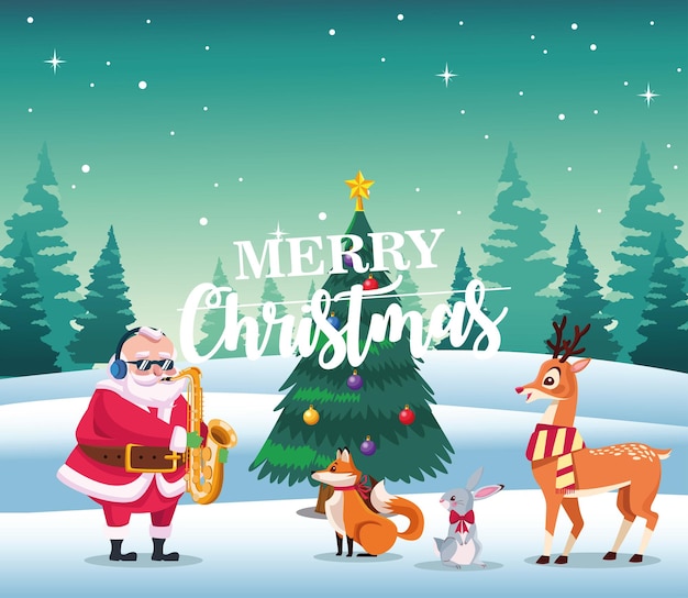 Glückliche frohe weihnachten-beschriftungskarte mit santa, die saxo und tierillustration spielt