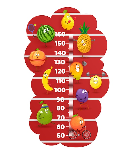 Glückliche früchte auf stadionspuren kinderhöhendiagramm. vektorwachstumsmesser mit süßen zeichentrickfiguren birne, wassermelone, banane und orange mit pflaume oder mango mit zitrone gesunder lebensstil, sportliche aktivität