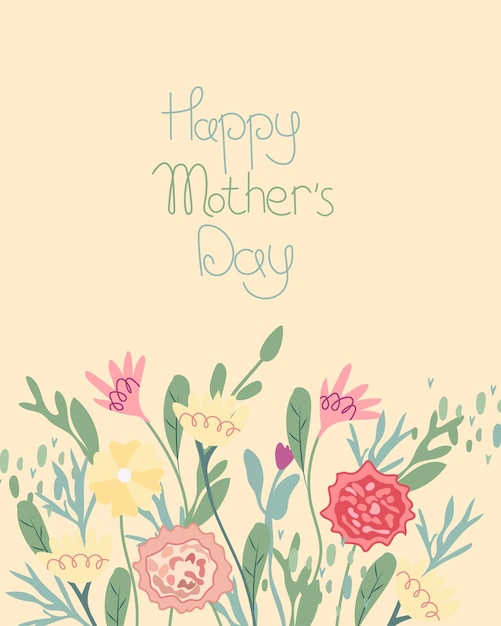 Glückliche Grußkarte zum Muttertag mit hellen Blumen, grünen Blättern, Herzen usw. Vektor