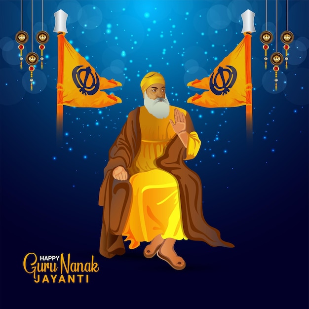 Glückliche guru nanak jayanti feier grußkarte mit vektor-illustration von guru nanak dev ji