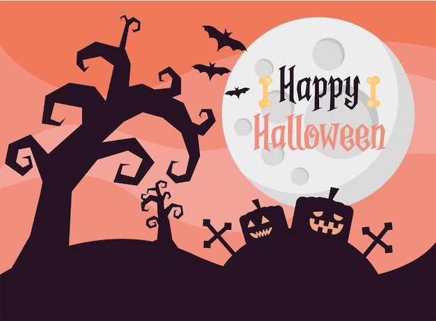 Glückliche halloween-beschriftungskarte mit kürbissen im friedhof bei nachtszenenvektorillustrationsentwurf