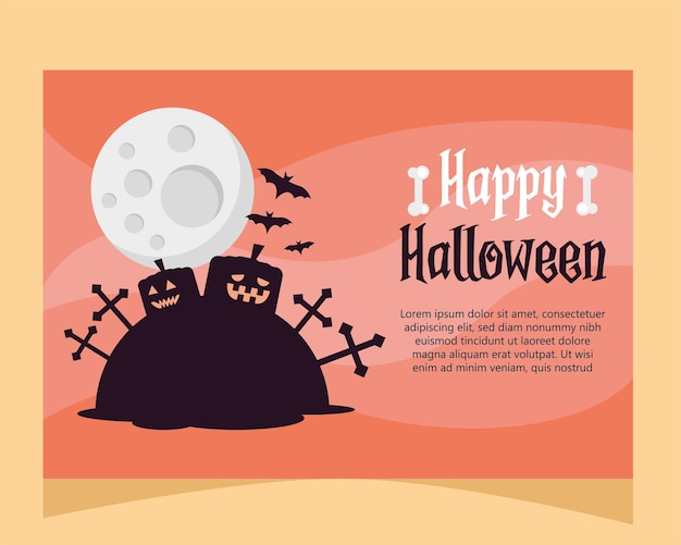 Glückliche halloween-beschriftungskarte mit kürbissen im friedhofsvektorillustrationsentwurf