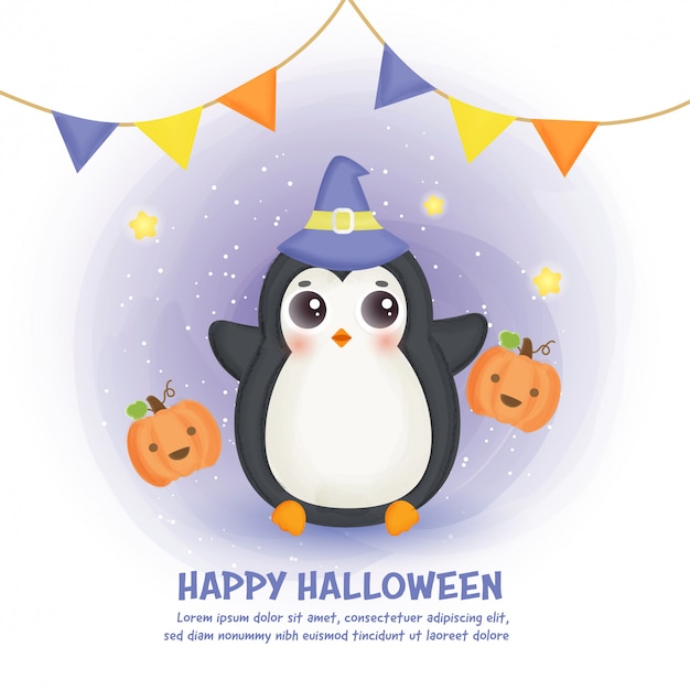 Glückliche halloween-karte mit niedlichem pinguin im aquarellstil.