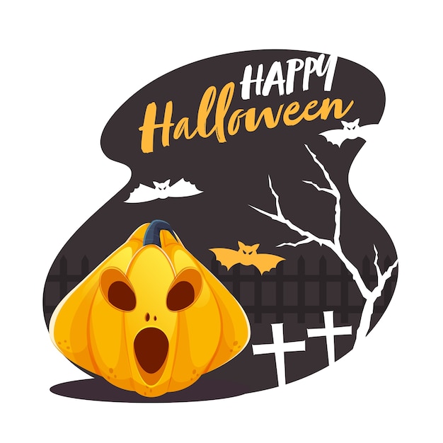 Glückliche halloween-schriftart mit gruseligem kürbis, fliegenden fledermäusen, baum und friedhofskreuz auf abstraktem hintergrund.