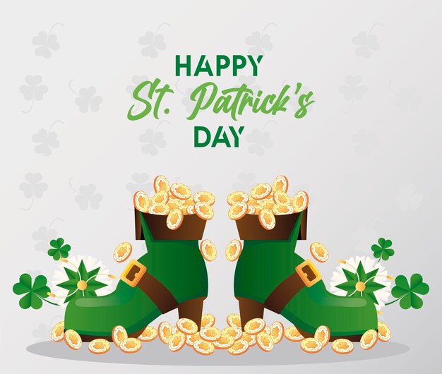 Glückliche Heilige Patricks Day Schriftzug mit Schatzmünzen in Elfenstiefel Illustration