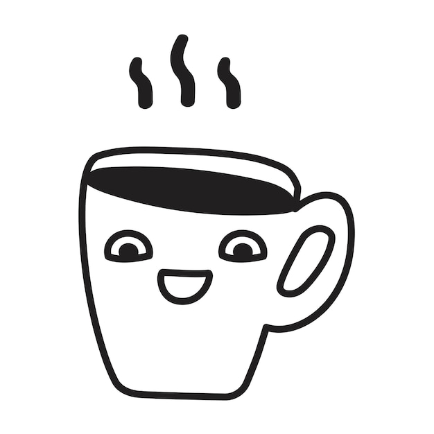 Glückliche heiße Tasse Kaffee mit süßem Charakter Umriss Ikonen Illustration auf weißem Hintergrund