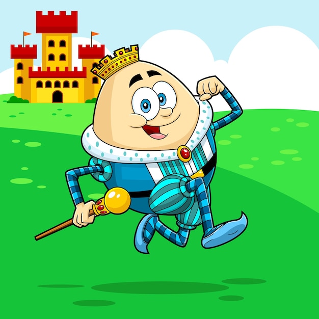 Glückliche humpty dumpty king egg cartoon-figur läuft vektor-illustration mit hintergrund