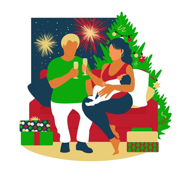 Glückliche junge familie feiern weihnachtsfeiertage silvester und frohe