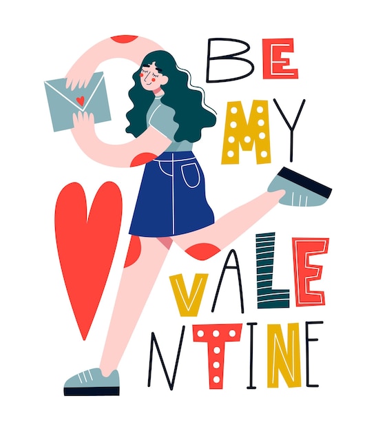 Glückliche junge frau, die umschlag mit einem liebesbrief hält. grußkarte zum valentinstag. schriftzug sein mein valentin. flache illustration.