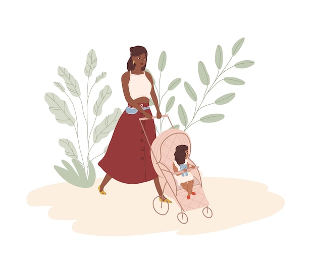 Glückliche junge mutter, die mit baby im kinderwagen geht. afroamerikanische mutter und tochter. moderne frau, die kinderwagen mit kind schiebt. farbige flache vektorillustration lokalisiert auf weißem hintergrund.