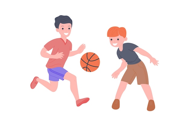 Glückliche kinder, die sportspiel spielen. junge und mädchen, die körperliche übung tun. kinder, die basketball spielen. aktive gesunde kindheit. flache vektorkarikaturillustration lokalisiert auf weißem hintergrund