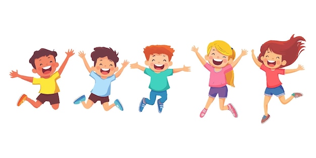glückliche Kinder, die springen und lachen, eine flache Vektorillustration, die auf einem weißen Hintergrund isoliert ist