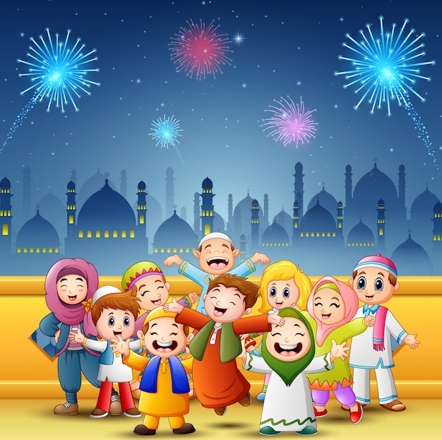 Vektor glückliche kinder feiern für eid mubarak