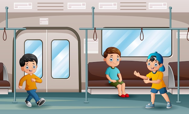 Glückliche kinder in der u-bahn-wagenillustration