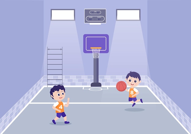 Glückliche kinder-karikatur, die basketball-flaches design-illustration mit korb-uniform im außengericht für hintergrund, poster oder banner spielt