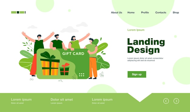 Glückliche kunden, die eine geschenkkarte aus dem geschäft oder der shop-landingpage im flachen stil erhalten