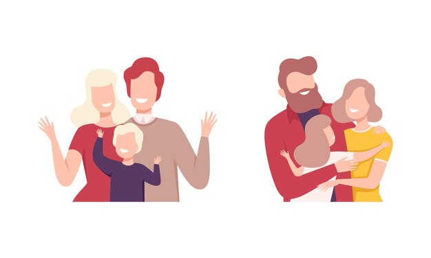 Glückliche lächelnde Familie zusammen, die sich umarmen und umarmen, Vektor-Set