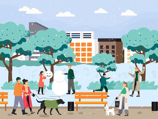 Glückliche leute lassen schneemann schneebälle spielen spazieren gehen hunde im stadtpark vektorillustration outdoor winter ...