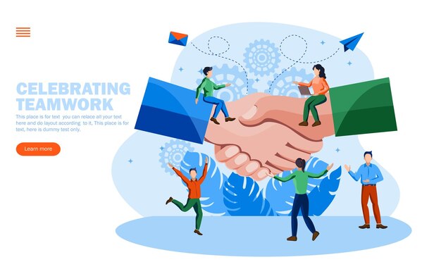 Vektor glückliche menschen feiern teamarbeit und gemeinsamkeit sitzen auf handschütteln konzept vektor-illustration