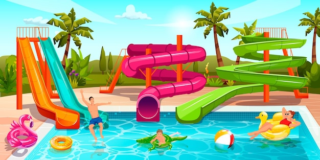 Glückliche menschen genießen den aquapark sommerschwimmbecken wasserparklandschaft familienaktivität eltern schwimmen kurvenreiche gerade wasserrutschen kinder spielen schwimmen aufblasbaren kreis tier vektorillustration