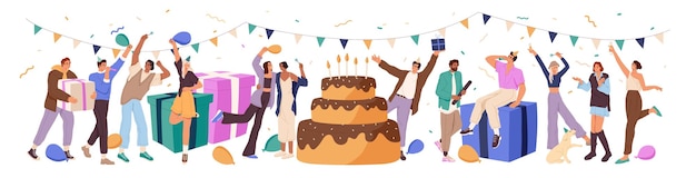 Glückliche Menschen haben Spaß auf der Geburtstagsfeier Freunde feiern das Jubiläum mit feierlichen Kuchengeschenken und Konfetti Glückwunsch mit Feiertagskonzept flache isolierte Vektorillustration auf weißem Hintergrund