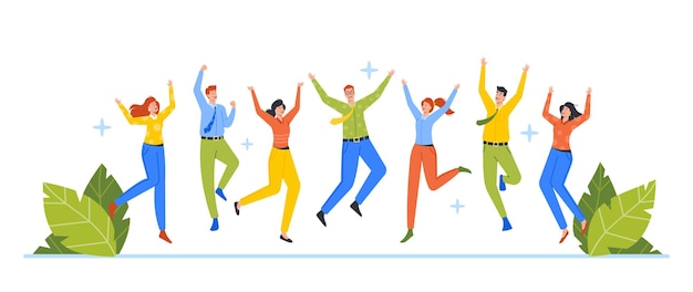 Glückliche Menschen springen Junge fröhliche männliche und weibliche Büroangestellte oder Geschäftsfiguren springen mit erhobenen Händen Glück Freiheit Bewegung und Motivationskonzept Cartoon-Vektor-Illustration
