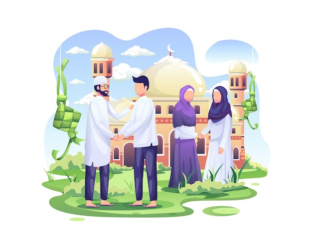 Glückliche muslimische Leute feiern Eid Mubarak, indem sie Hand in der Front der Moscheenillustration Händeschütteln